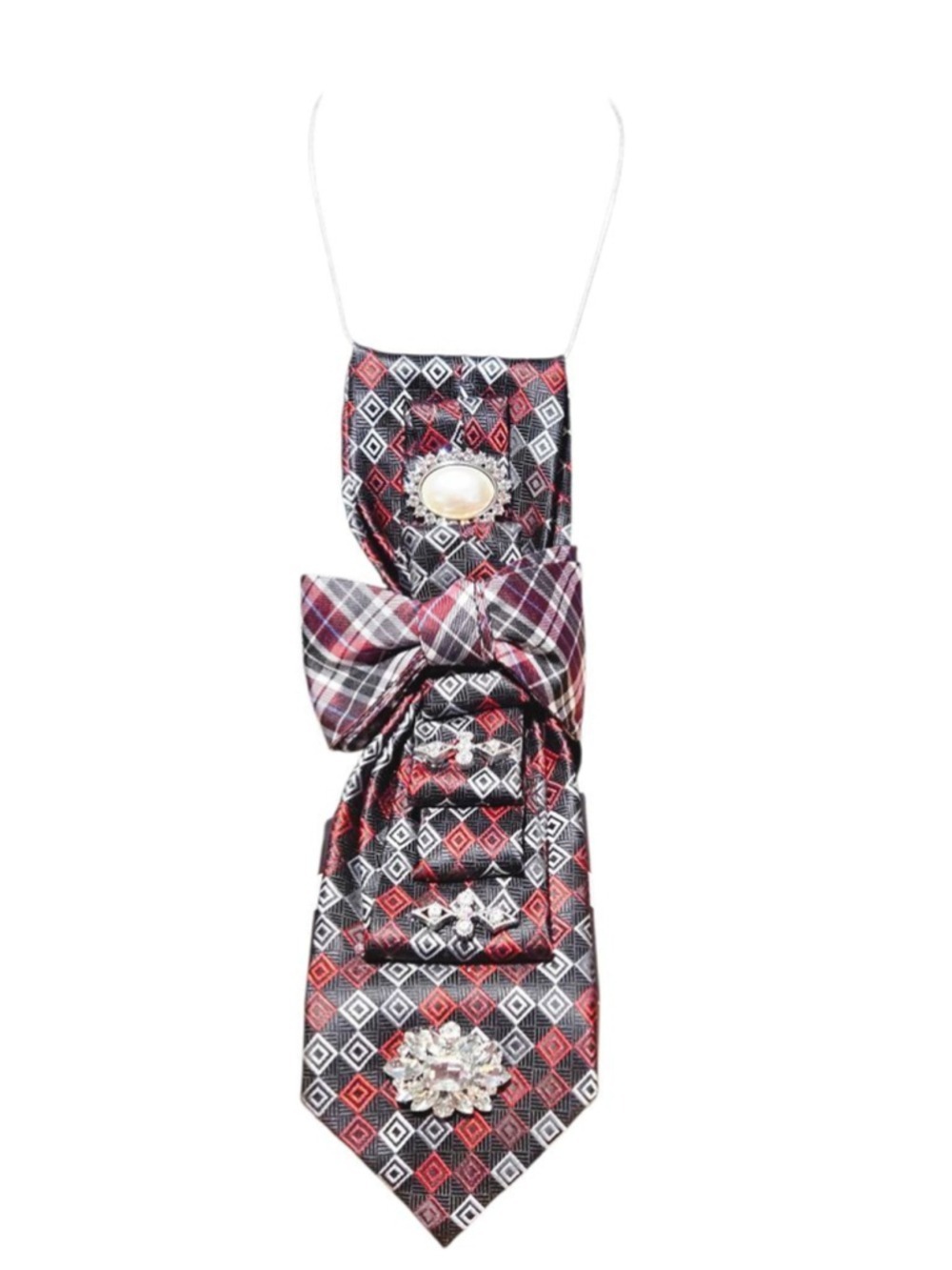 Unbranded Red Black Plaid Embellished Scarf One Size - Picture 5 of 9